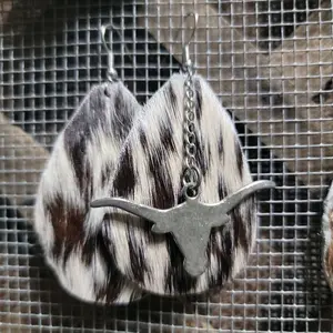 Spotted Cowhide Earrings with Alloy Longhorn Pendants - Unique Cowhide Design