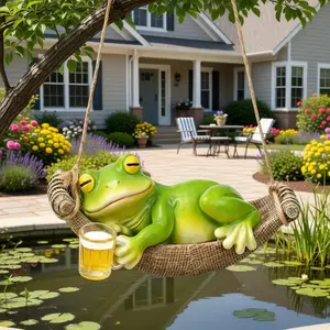 Resin Frog Swing Hanging Ornament Drinking Beer Frog Figurine Weatherproof Fade Resistant Outdoor Garden Yard Patio Porch Tree Hanging Decor Whimsical Micro Landscape Ornament For Garden Lovers Frogcore Art Decor
