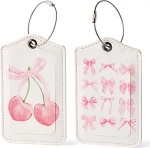2 count Leather  Pink Bow Luggage Tags, Trendy Watercolor Pink Cherry Bow Tie  Tags for Suitcase, Aesthetic Preppy Identify Labels Travel Tags for Backpack Suitcase