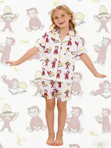 2-piece children's clothing set for girls and boys, white background, full of curiosity, George cartoon pattern printed short sleeved shorts, collar design, top with small pockets, elastic waistband, home children's clothing, Casual pajamas set