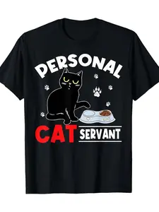 Funny Cat Servant T-Shirt for Cat Dad & Cat Mom - 100% Cotton Super Soft Breathable Casual Round Neck Short Sleeve Tee with Personal Slave/Butler Graphics - Humorous Gift for Cat Lovers, PLUS SIZE