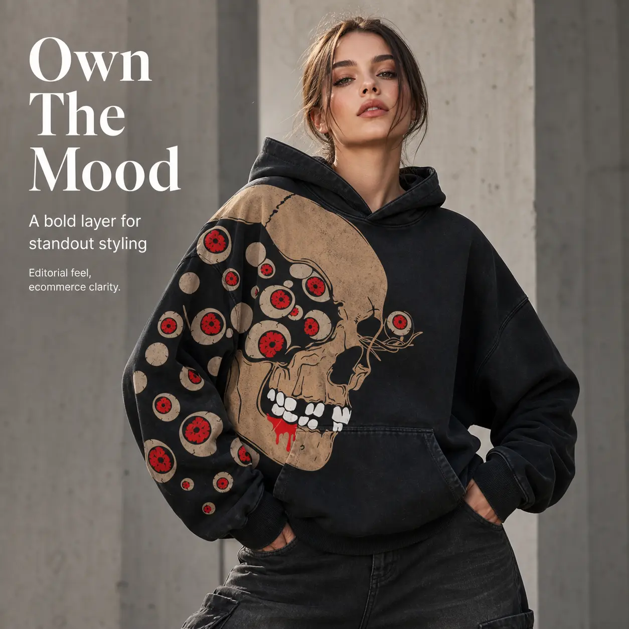 Double Sided Skull Eyeball Graphic Oversized Cropped Pullover Hoodie Long Sleeve Vintage Street Sweatshirt With Front Kangaroo Pocket