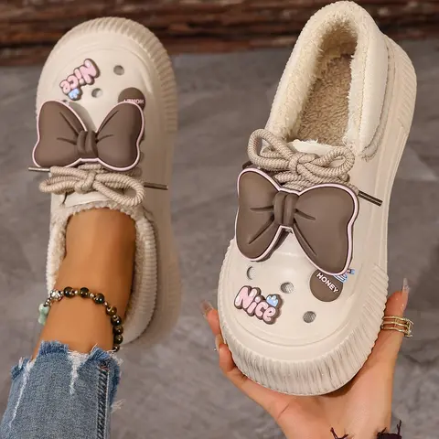 Women's Plus Size Winter Plush Fuzzy Warm Soft Slippers, Indoor Cozy Silent Home Slippers with Cute Bowknot, Casual Shoes, Soft Fluffy Footwear, Fuzzy House Slippers