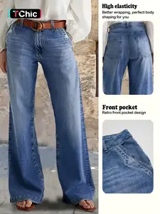 Women's Denim Wide Leg Pants with Pocket Patches, Casual Loose Fit Jeans for Daily Wear, Comfortable Ladies' Fashion Bottoms