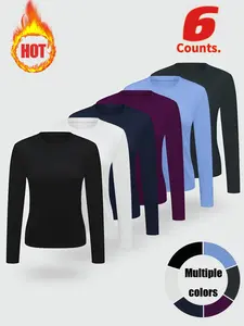 Women's Solid Round Neck Sports Thermal Underwear Top, Sporty Fitted Long Sleeve Crew Neck Top for Daily Outdoor Wear, Ladies Sportswear for All Seasons