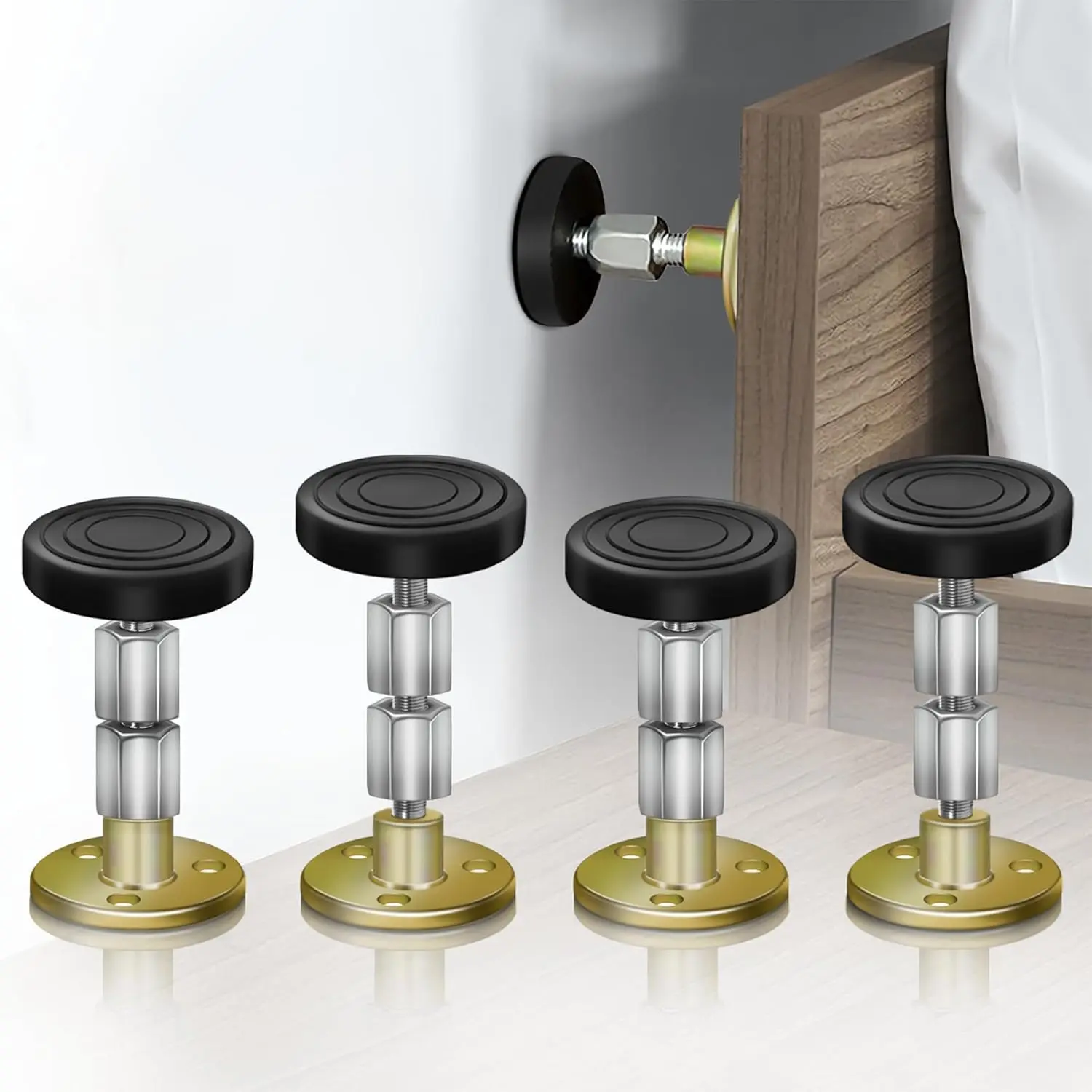 4-Pack Adjustable Size Headboard Stoppers, Synthetic Tool Anti-Shake Threaded Fixers (30-105mm) with Stabilizer Pad Bumper Guards, Easy to Install, Bed Frame Noise Reducer, Improves Sleep Quality, Manufacturer Warranty