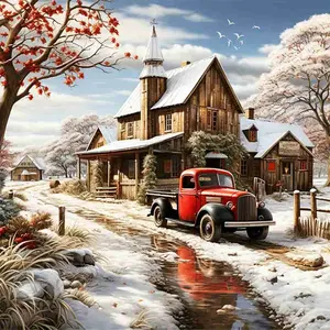 Winter Country Cabin & Vintage Red Truck 5D Full Drill Diamond Painting Kit – Serene Rustic Design with Shimmering White & Red Accents – Peaceful Nature Art DIY Wall Decor – Ideal Gift for Countryside & Craft Enthusiasts – Cross Stitch Kit