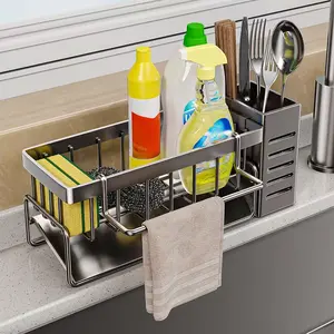 Kitchen Sink Caddy Organizerwith Auto Drain, Dish Drying Racks, SpongeHolder with Towel Rack, Keep Sink Clean &Dry Organiser Organiser