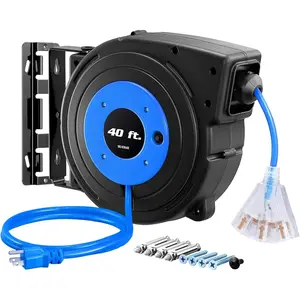 Heavy Duty Cord Reel, 40FT Retractable Extension Power Cord, 12AWG/3C SJTOW, 3-Lighted Triple Outlets, 15A Circuit Breaker, Wall/Ceiling Mounted, Adjustable Stopper UL Listed, Blue,1 Box