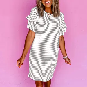 Women's Stripe Ruffled Short Sleeve Crew Neck T Shirt Shift Mini Dress  Loose Casual Dresses Fashion Comfortable Womenswear