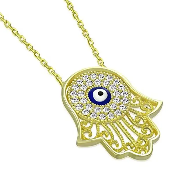 925 Sterling Silver Blue Evil Eye Hamsa Pendant Necklace with Cubic Zirconia - Gift-Ready Birthday Jewelry for Adults, ASL2268