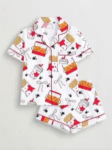 Women's Burger Chicken Print Pajama Set, Short Sleeve Button-Up Top & Elastic Shorts, Casual All-Season Loungewear Sleepwear for Daily Wear
