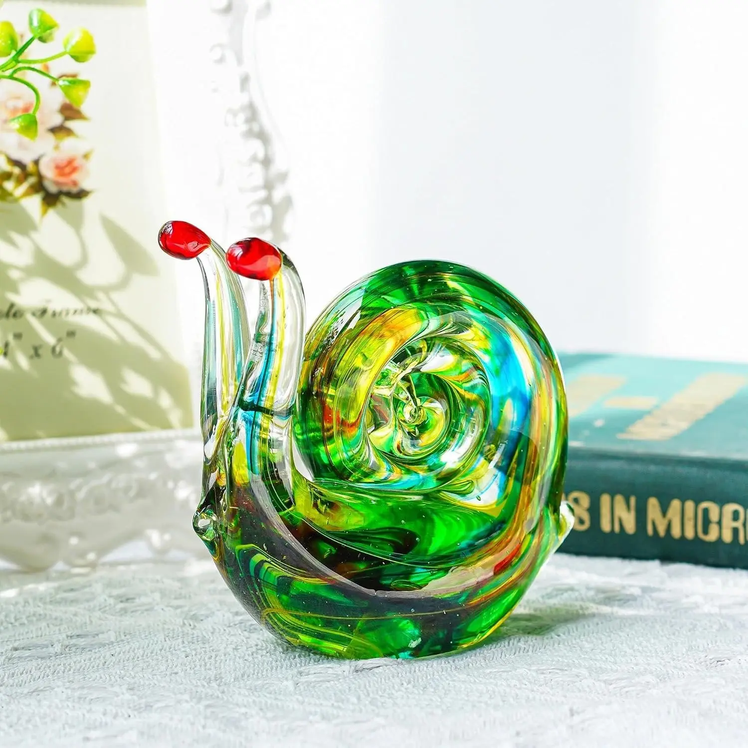 QFkris 4.4inch Blown Glass Snail Figurine Collectibles | Handcrafted Glass Animal Paperweight Home Art Statue Decoration Christmas Gift for Women