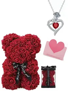 Handmade Eternal Flower Teddy Bear Elegant Heart Rose Necklace Exquisite Jewelry Gift Set, Mother's Day, Valentine's Day, Graduation, Christmas Gifts