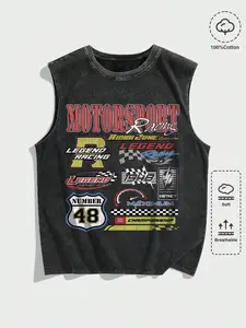 Motorsports Prints Fun Graphic Print Men's Printed Vintage Washed Vest, Loose Fit, Casual Street Style,Men's Casual Crew Neck Sleeveless Washed Vest,  Perfect For Summer Vacations. Features A Stylish Print And Y2K Style. Excellent Gift For Boyfriend