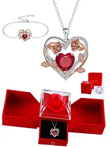 Elegant Heart-Shaped Rose Jewelry Set, Zircon Pendant Necklace & Bracelet, Gift Rose Box Included, Perfect for Wife Mom Girlfriend Birthday Christmas, Matching Jewelry Set