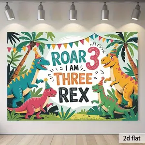 1PC,2D Flat Dinosaur - Themed 3rd Birthday Backdrop, "ROAR I AM THREE REX" Party Decoration Banner for Boys & Girls, Photo Background Wall Prop for Kids' Birthday Party