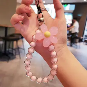 Beaded Flower Phone Lanyard Wrist Strap with Crystal Charm Keychain Accessory for Secure and Stylish Phone Attachment