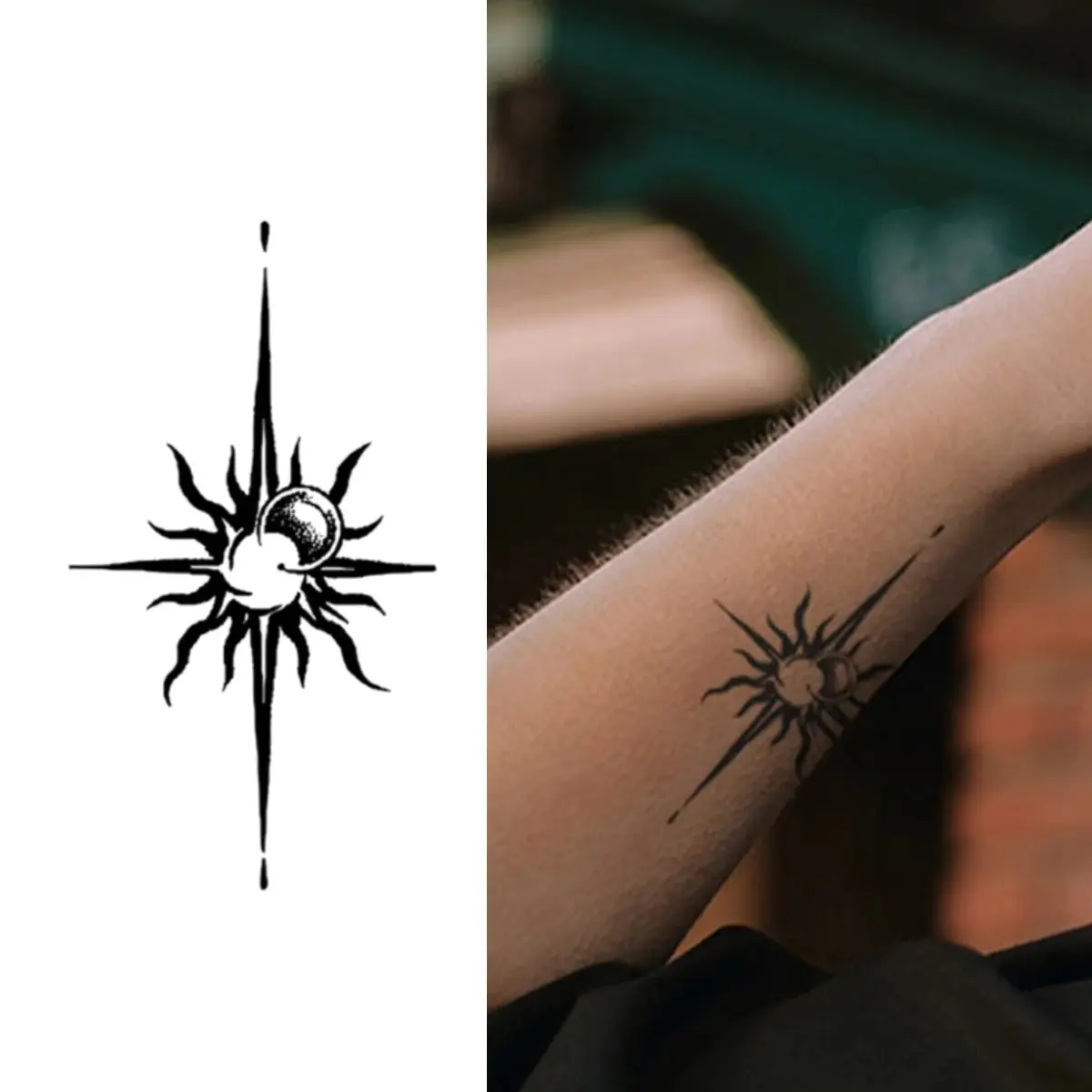 Sun & Moon Temporary Tattoos, Geometric Duality Theme, Genipin Base, Light-Dark Mix Design for Beauty & Personal Care Makeup Use