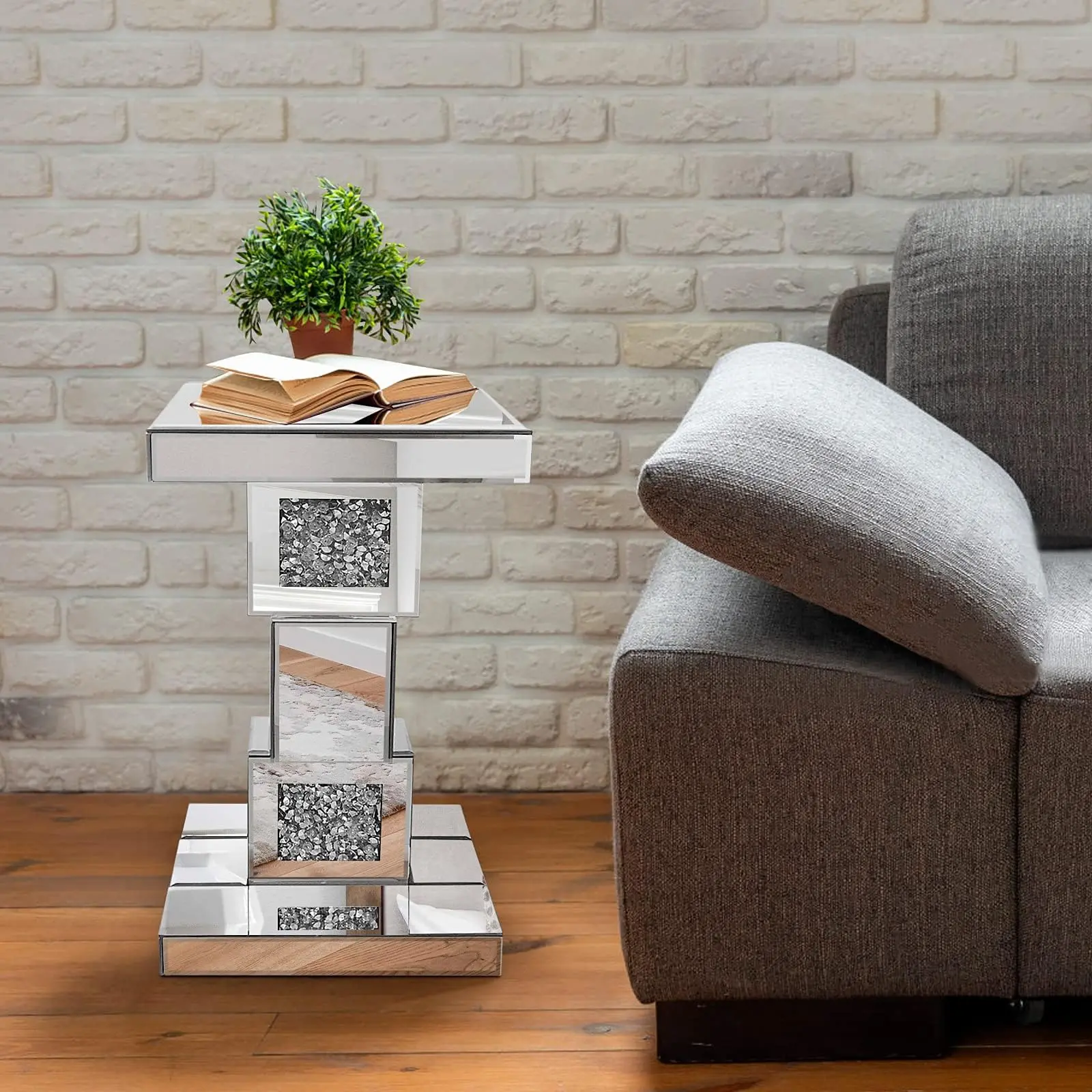 Silver Mirrored End Table with Crystal Inlay, Modern Mirrored Side Table Accent Table, Square Small Mirrored Coffee Table for Living Room, Bedroom shoe rack organizer men room accessories shoe cabinet storage dishdryingrack bathroom organizer