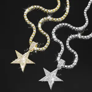 A diamond studded alloy necklace, a unique European and American five pointed star hip-hop pendant, a versatile accessory with a niche design, a fashionable must-have item, perfect for daily wear, commuting, and gatherings - an ideal gift necklaces men