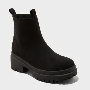 Women's Tibby Lug Boots - Universal Thread Black 8: Ankle Height, Pull-On, Block Heel, Water-Repellent, Treaded Outsole