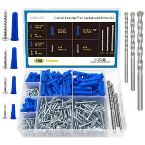 190 count Wall Anchors and Screws for Drywall, Conical Concrete Wall Anchors and Screws Assortment Kit, Blue Conical Anchor and Self Tapping Screw with 3 count Masonry Drill Bits, Four Sizes