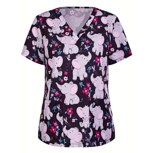 Women's Chic Elephant Print V-Neck Scrub Top - Casual Short Sleeve Design with Handy Patched Pockets - Comfortable & Stylish Nurse Uniform for Everyday Wear