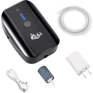 Aquarium Air Pump,  Rechargeable Portable Bubbles  Pump for  & Saltwater Aquariums Tanks with Air Stone, Tube, USB  and Adapter (1.7 W for 1-100Gal )