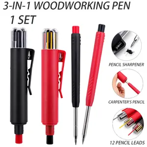 3-in-1 Woodworking Carpenter Pencil Set with 44mm Long Nose Deep Hole Marker, Pocket Clip, 12 Refill Leads Included, Marking Tool for Construction Work, Carpentry, DIY and Workshop Projects, Woodworking Tools