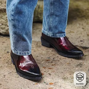 Vintage-Inspired Cowboy Slip-On Boots – high-knee pointed toe with a chunky heel; western style for men and women; durable PU upper with rubber sole; perfect outdoor/streetwear walking shoes; closed footwear; black orthotic design; onyx finish