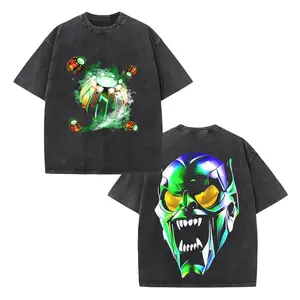 Green Goblin Streetwear Top, Retro "Glider & Goblin Mask" Villain Graphic Vintage Washed Oversized Heavyweight Cotton Graphic Tee