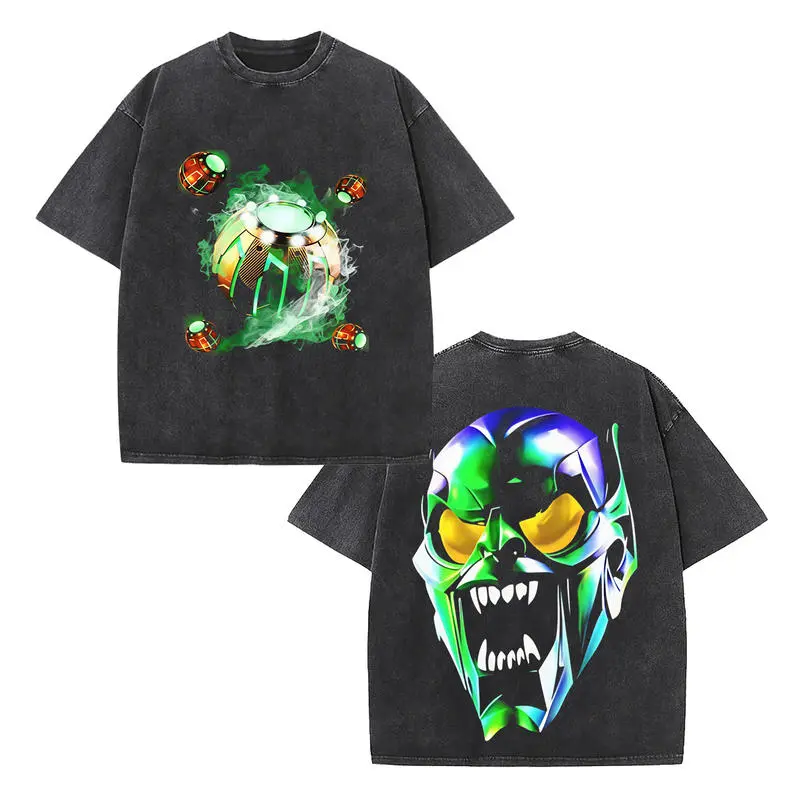 Menswear Apparel Relaxed-Fit Short-Sleeve Green Goblin Streetwear T-Shirt - Retro "Glider & Goblin Mask" Villain Graphic, Vintage Washed, Oversized Heavyweight Cotton Top