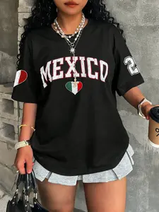 Vintage Style Mexican Flag Heart/cross Print Shirt, Fitted Casual Wear for Mexico Culture Lovers, Ideal Travel for Fall & Winter