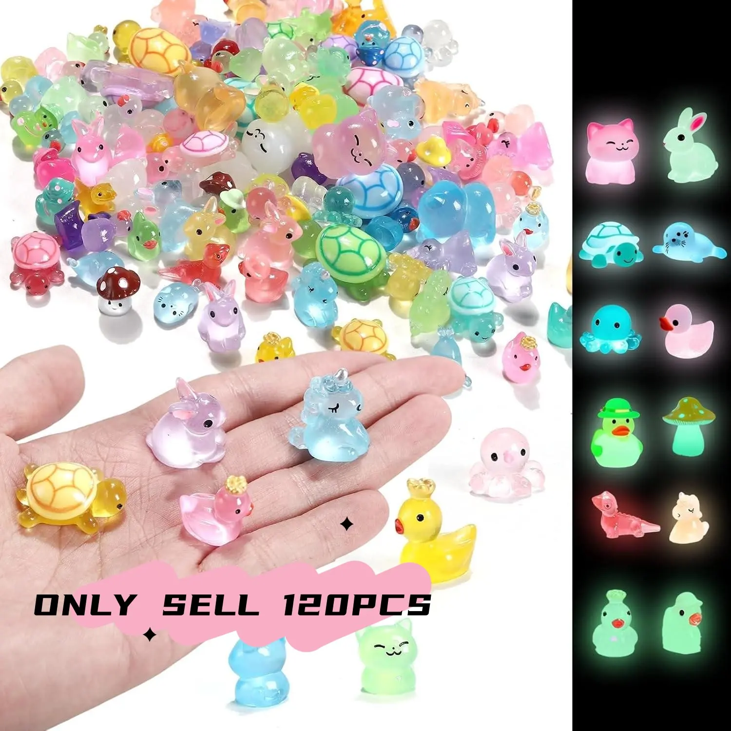 120pcs Glow-In-The-Dark Fluorescent Mini Resin Animal Figurines Set, Hidden Small Resin Animals Statues for Dark Light, Duck Turtle Dinosaur DIY Garden Decor Accessories, Garden Decorative Sculptures Statues