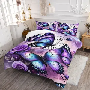 Enchanting Fantasy Butterfly Print Comforter Set, Stunning Purple Rose Bedding Set, Cozy Soft Quilt for Dreamy Bedroom Decor, Perfect for Kids and Teens, with 1 or 2 Pillowcase No Pillow Core