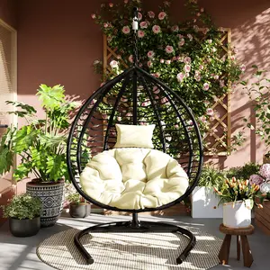 Indoor Outdoor Hanging Hammock Chair with Stand, Foldable Rattan Egg Swing Chair with Iron Frame, Plush Cushion & Removable Headrest for Porch, Garden, Balcony, Backyard – Heavy Duty, Max 330 lbs