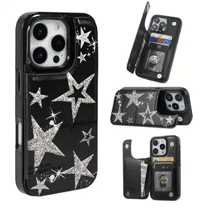 Simple Painted Silver Star Pattern Leather Card Holder Phone Case, Suitable for iPhone 17 Air/16 Plus/15 Pro Max/14 Pro/13/12/11/XS Max/X Phone Case, Ideal Gift for Family, Friends, Lovers, Boyfriend, Girlfriend for New Year and Christmas