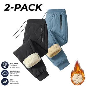 Men’s 2-pack fleece-lined casual windproof jogger pants with letter print; minimalist athletic jogger long pants with side zipper pockets; warm, comfortable, versatile men’s winter long pants.
