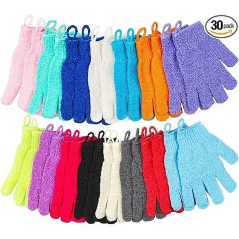 30 Pcs Exfoliating Gloves for Shower - Body Exfoliator Gloves with Hanging Loop, Scrub Exfoliating Tool for Women & Men, 15 Colorful Shades Bath Hand Personal