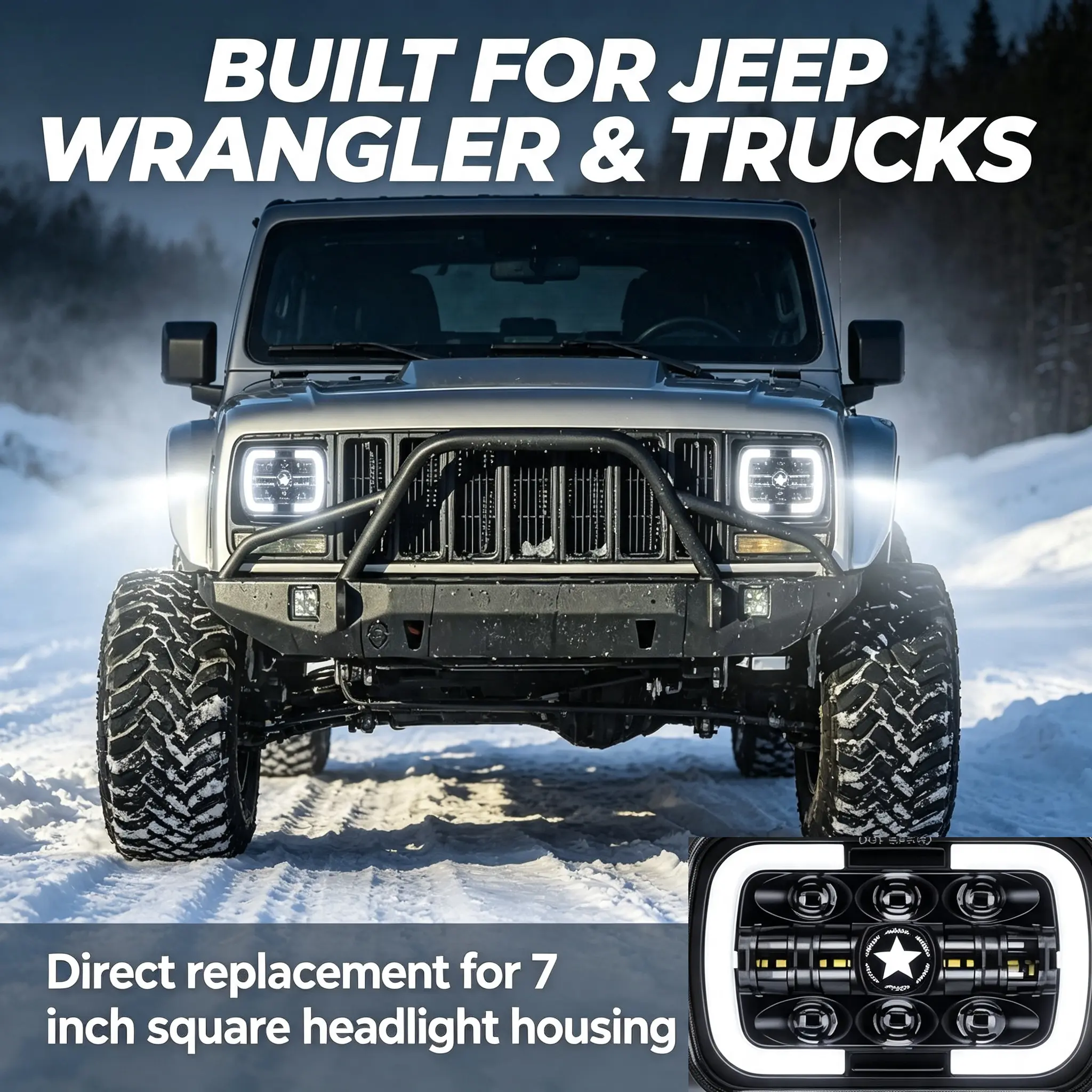 7 Inch LED Square Headlight - 200W Aluminum Shell, 5-Star DRL Segment, Eaglevision Hi/Low Beam & Turn Signal, 12V-24V Plug Install Offroad Headlamp for Jeep Wrangler, Trucks