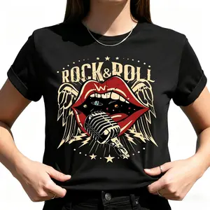 Rock & Roll Retro Lips T-Shirt, Vintage Rock Music Graphic Tee, Retro Band Style Casual Outfit, Music Lover Shirt Rock and Roll Women's T-Shirts Funny Graphic Design Casual Short Sleeve Top Tees