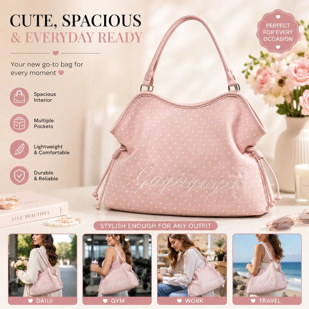 Women's Elegant Polka Dot Faux Suede Hobo Handbag - Large Size, Drawstring Detail, Slouchy Crossbody, Vegan Leather Trim, Large Capacity Everyday Purse, Work Bag, Cute Girly Gift, Womens Gift, Bags for Women, Accessories For Women
