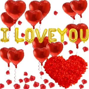 I Love You Balloons and Heart Shaped Balloons with 10000 Pieces Rose Petals, Foil Mylar Love Balloons for Him/Her Wedding Anniversary Engagement Valentine Day Romantic Decorations Special Night Party Supplies
