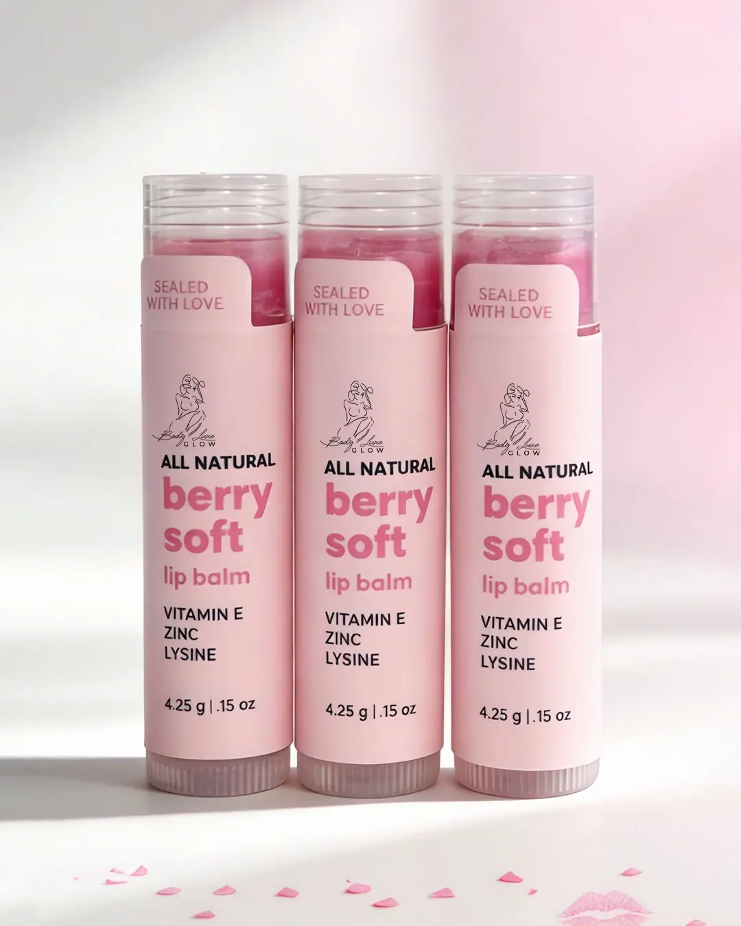 Berry Soft Lip Balm (3 Pack) – All Natural Strawberry Hydrating Balm with Vitamin E, Zinc & Lysine