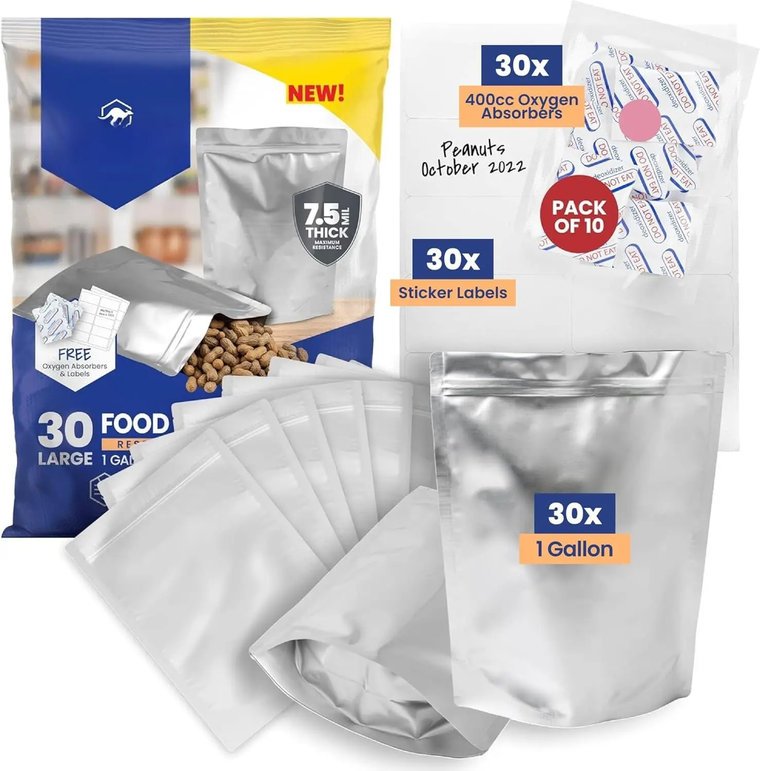 30 Count 1-Gallon Gusset Mylar Bags with 400cc  Absorbers, 15 Mil Total Thickness Long-Term  Storage Pouches, 10x14 Stand-Up Zipper Heat-Sealable Airtight Packaging -