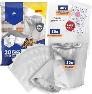 30 Count 1-Gallon Gusset Mylar Bags with 400cc  Absorbers, 15 Mil Total Thickness Long-Term  Storage Pouches, 10x14 Stand-Up Zipper Heat-Sealable Airtight Packaging -