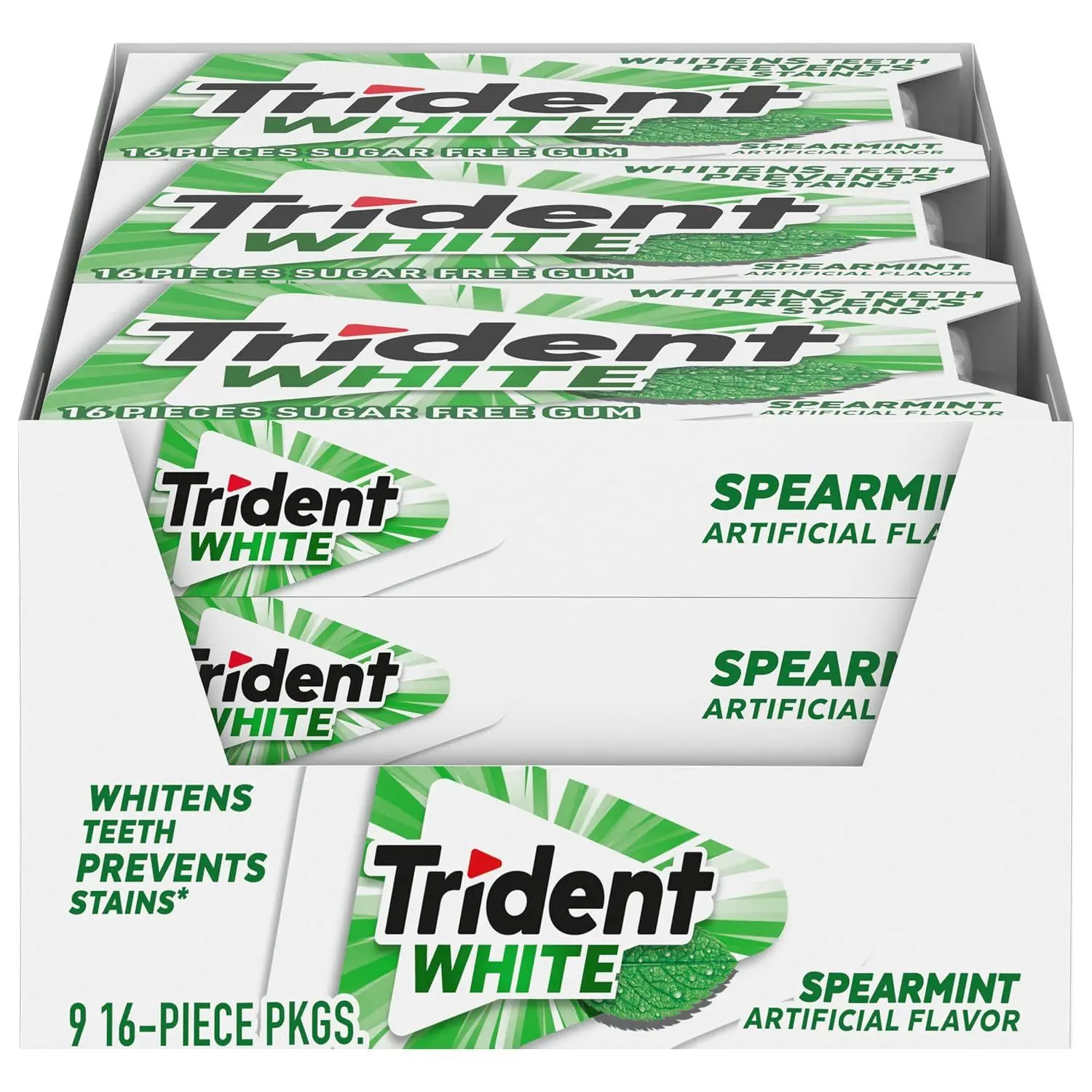 Trident White Peppermint Sugar-Free Chewing Gum, 9 Packs of 16 Pieces | 144 Total Pieces, Contains Xylitol, Perfect for Long Lasting Fresh Breath at School, Work & Travel