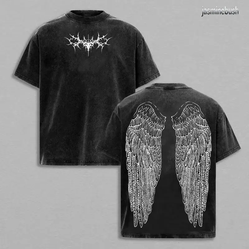 Unisex Womenswear Y2K Gothic Wing Printed T-Type Tee & Vest - Dark Oversized Vintage Cotton Round Neck Hoodie, Grunge Streetwear Graphic Top for Anime-Inspired Fashion, Sohochic