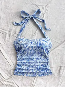 Women's Plants Print Halter Neck Cropped Tank Top, Boho Halter Top, Casual Sleeveless Floral Print Top for Summer, Ladies Clothes for Daily Wear, Womenswear